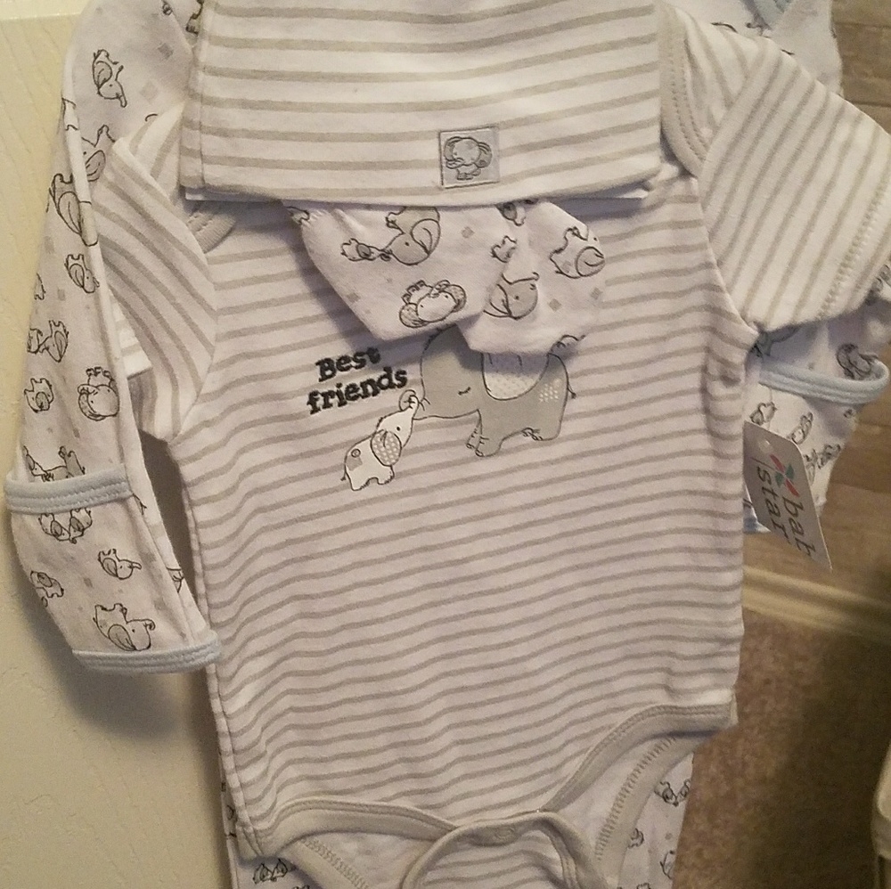 Newborn elephant onesie, layette, hat and gloves